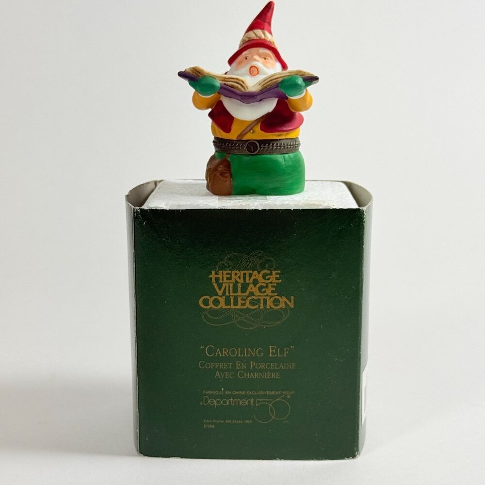 Dept 56 Caroling Elf Trinket Box 57506 Heritage Village Hinged Collectible